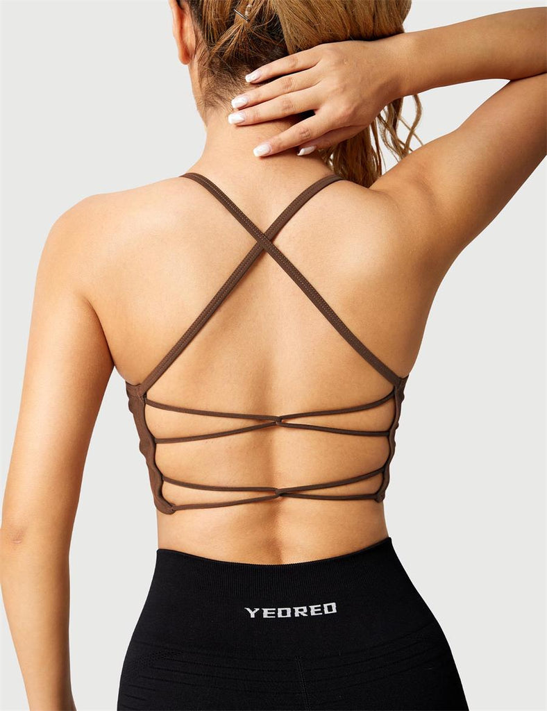 YEOREO Cream Backless Sports Bra Women's Workout Sports Bra Criss Cross  Back Bra Strappy Yoga Bra with Removable Cups
